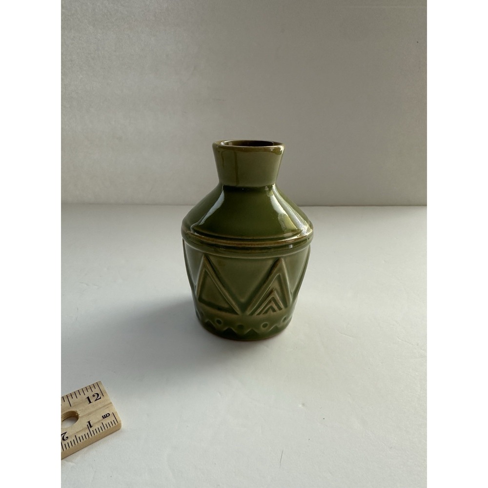 TAG Green Art Pottery Bud Vase Geometric Stoneware Vase Olive Green 5 Inch